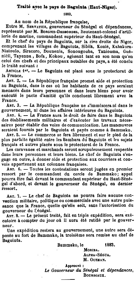 Traité conclu entre la France et le pays de Baguinta (Haut-Niger), en 1883.